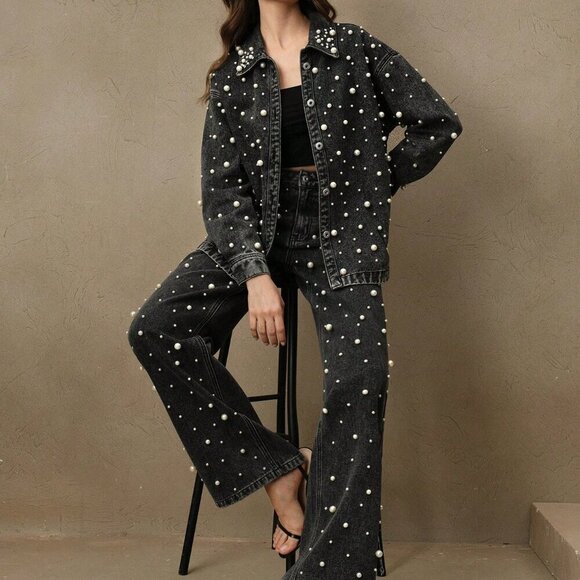 Black Casual Women's Long Cardigan Denim Shirt Blouse w/Pearls And Rhinestones - Picture 6 of 7